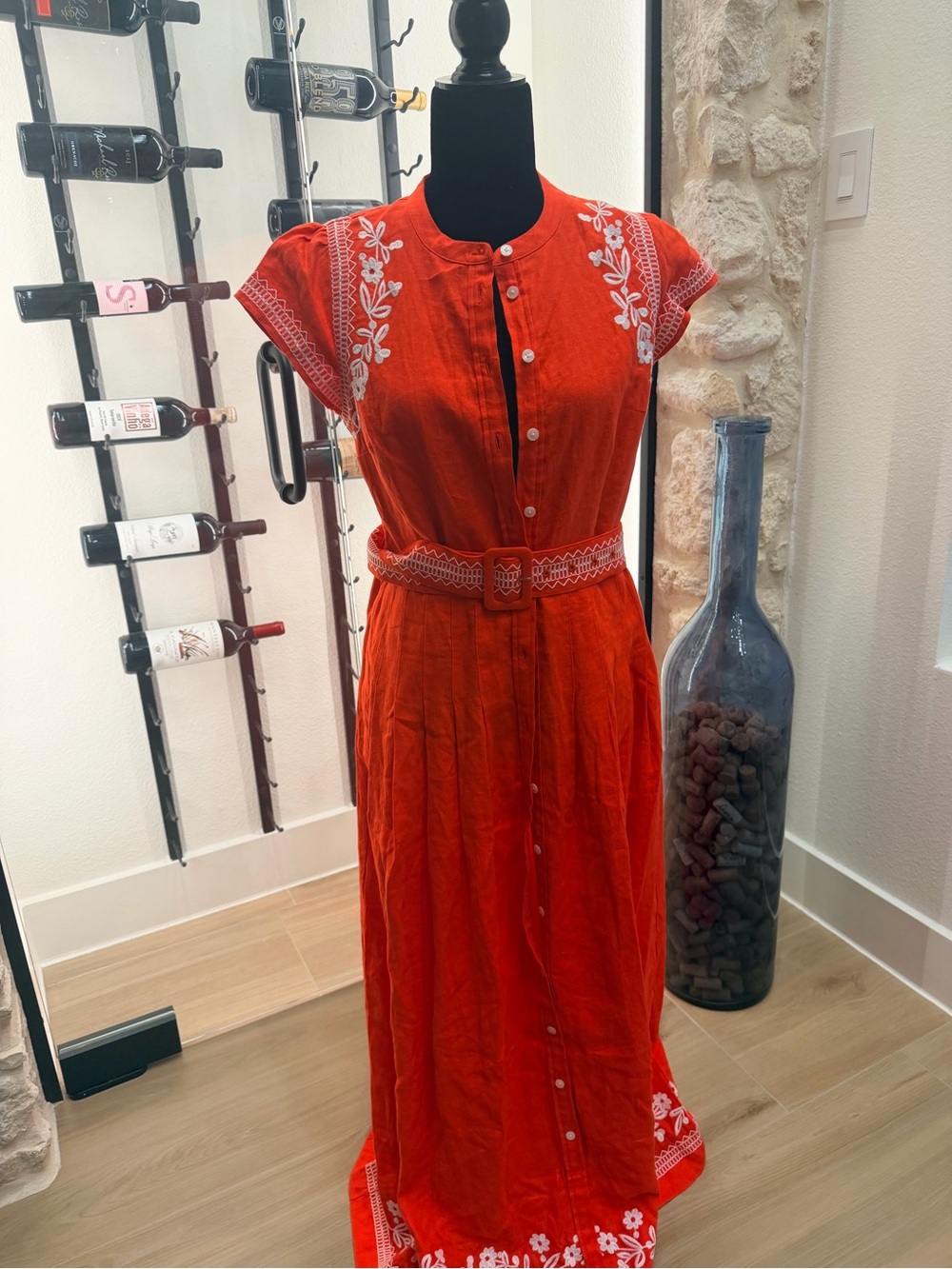 Boden Women's Red Embroidered Button-Front Dress with Belt - NWT